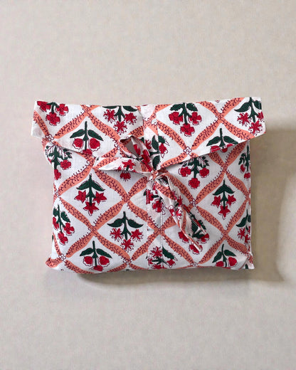 Floral cotton pyjamas in scarlet red and coral pink with matching cotton gift bag