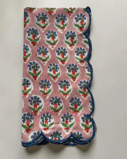 Pink and Blue Floral Scalloped Napkins - Set of Six