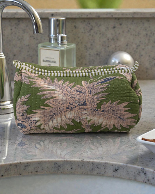 Forest green cosmetics bag set designed for makeup storage and gifting