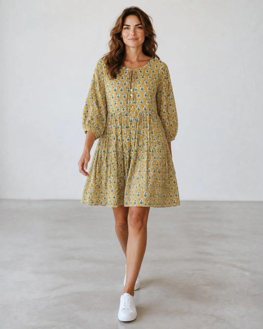 Mustard gold and olive green hand block print cotton mini dress with gathered empire waist and puff sleeves