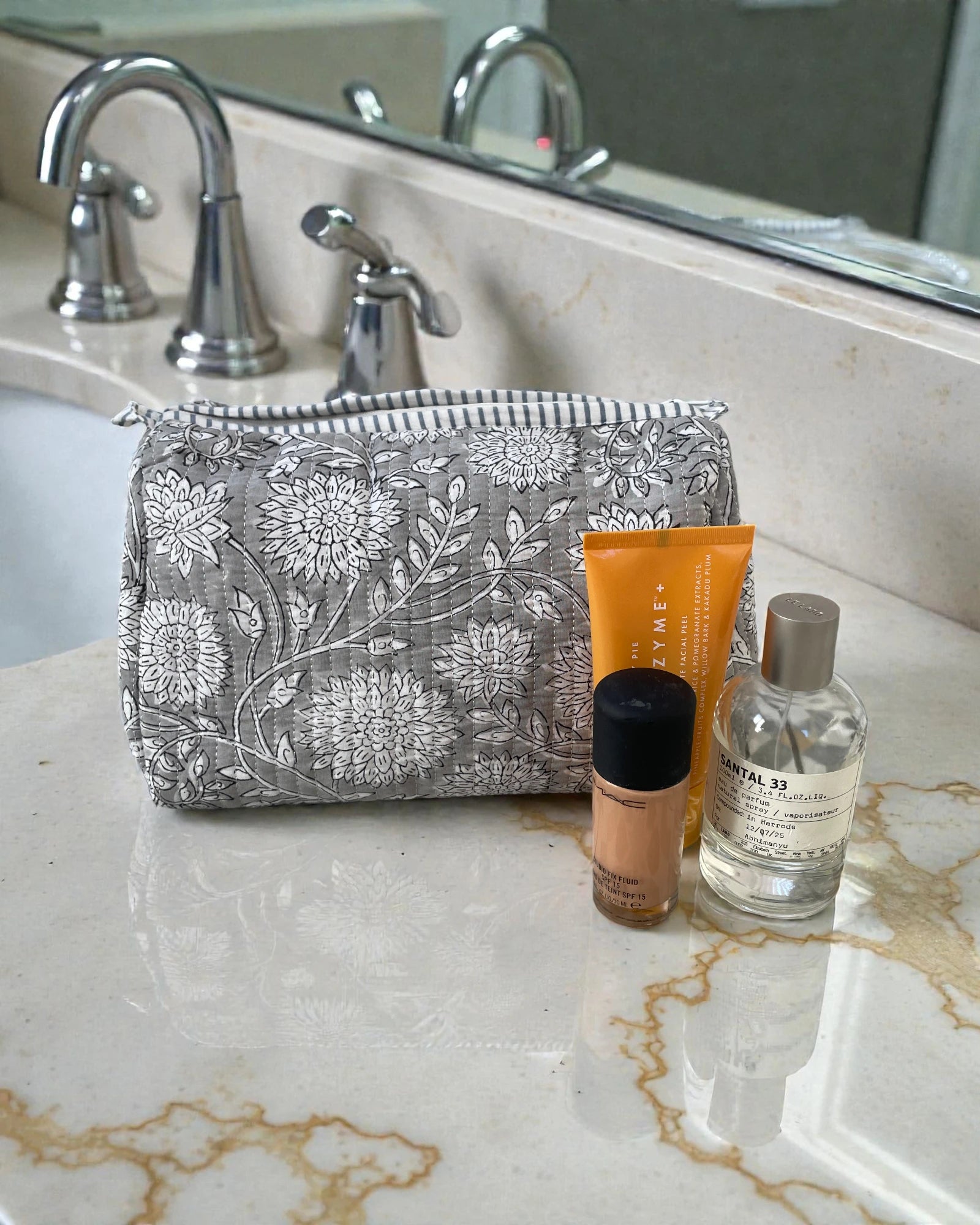 Grey floral quilted cosmetic bags with water resistant lining for makeup and travel