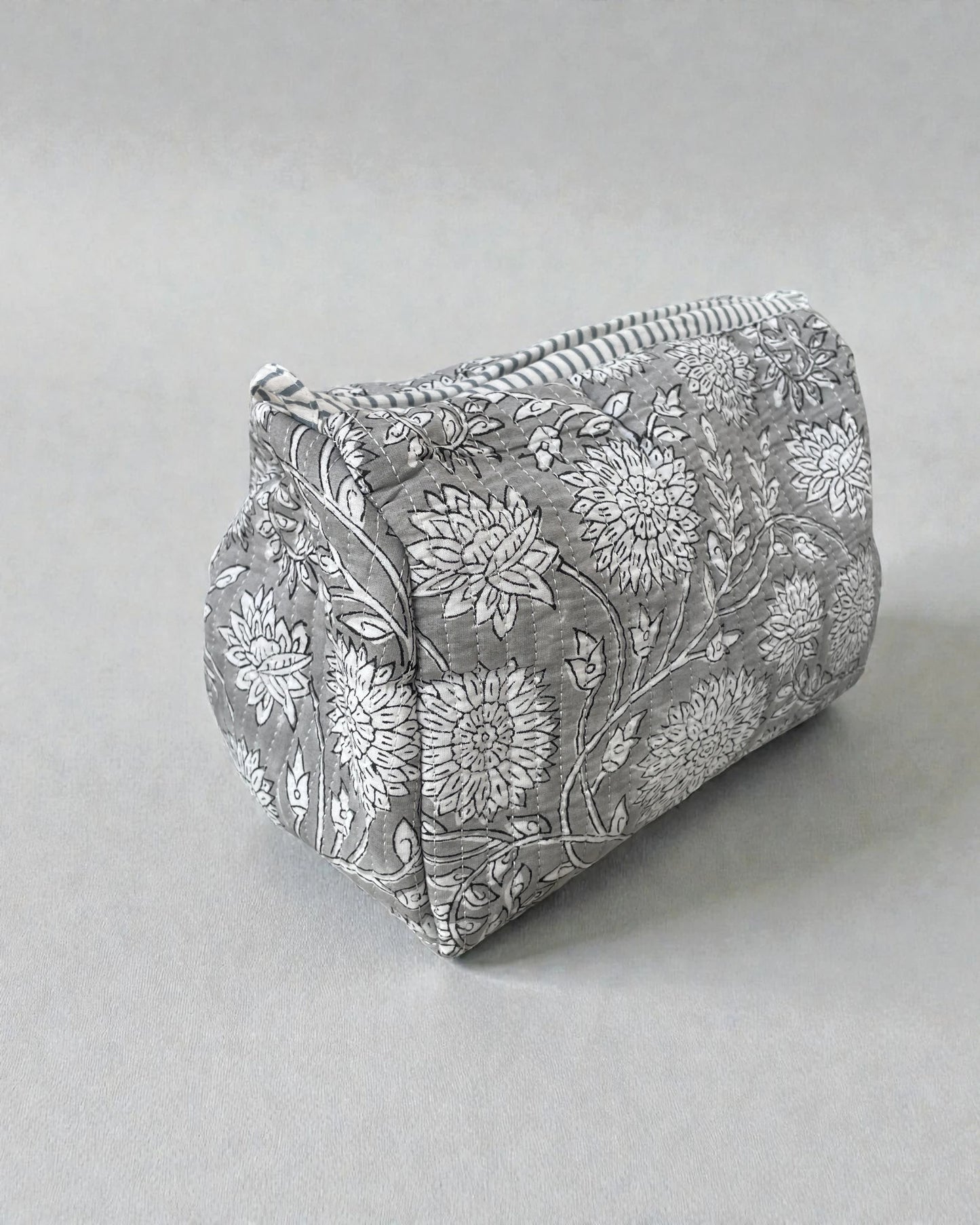 Grey cotton floral toiletry bags in small medium and large sizes