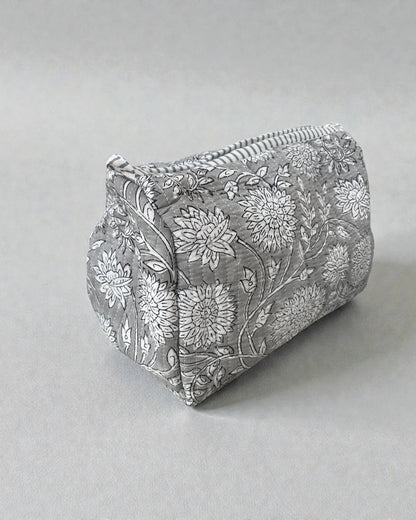 Grey cotton floral toiletry bags in small medium and large sizes