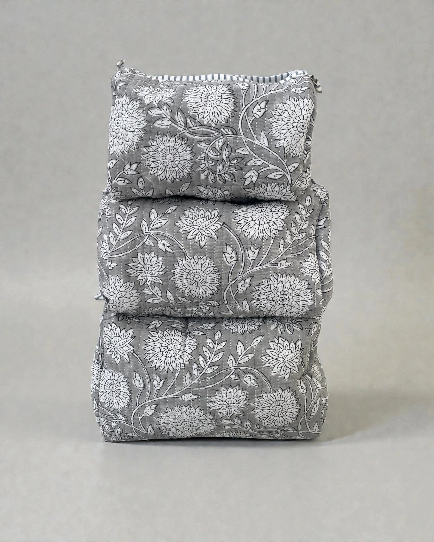 Set of three grey floral cotton cosmetics bags with waterproof lining