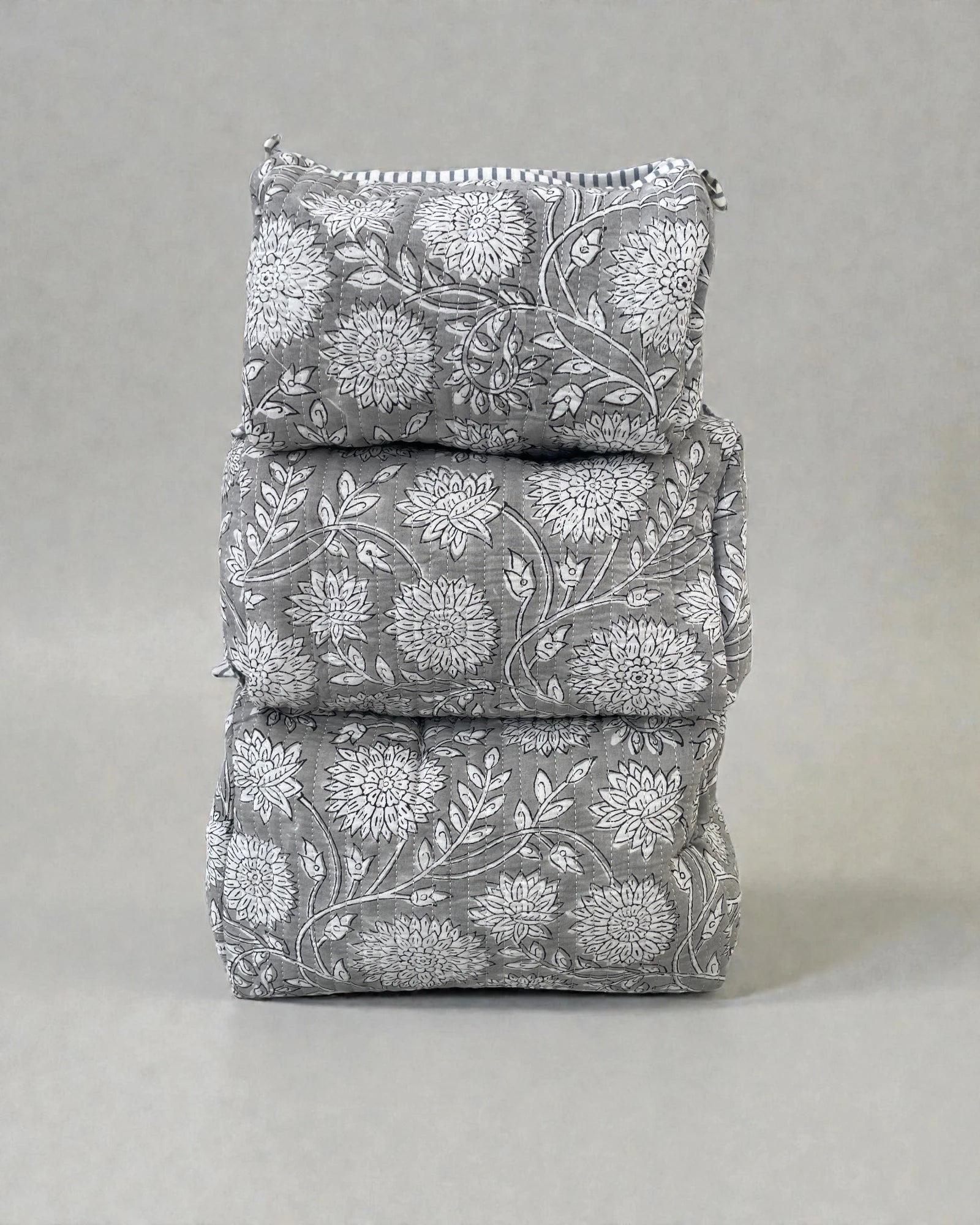 Set of three grey floral cotton cosmetics bags with waterproof lining