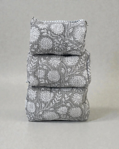 Set of three grey floral cotton cosmetics bags with waterproof lining