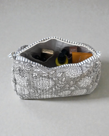 Waterproof lined grey floral makeup bags in coordinating set of three