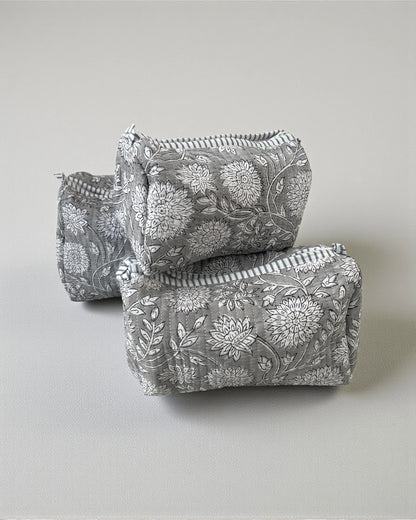 Grey floral cotton cosmetics bag set ideal for travel and gifting