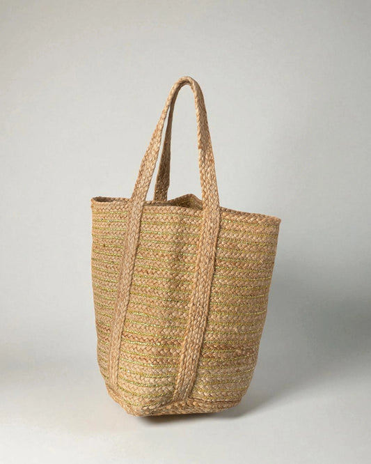 Woven jute tote bag with metallic gold threads with shoulder straps