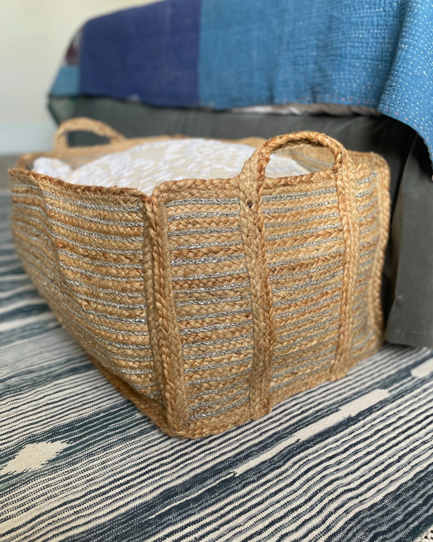 Extra Large Natural and Silver Jute Rectangular Basket
