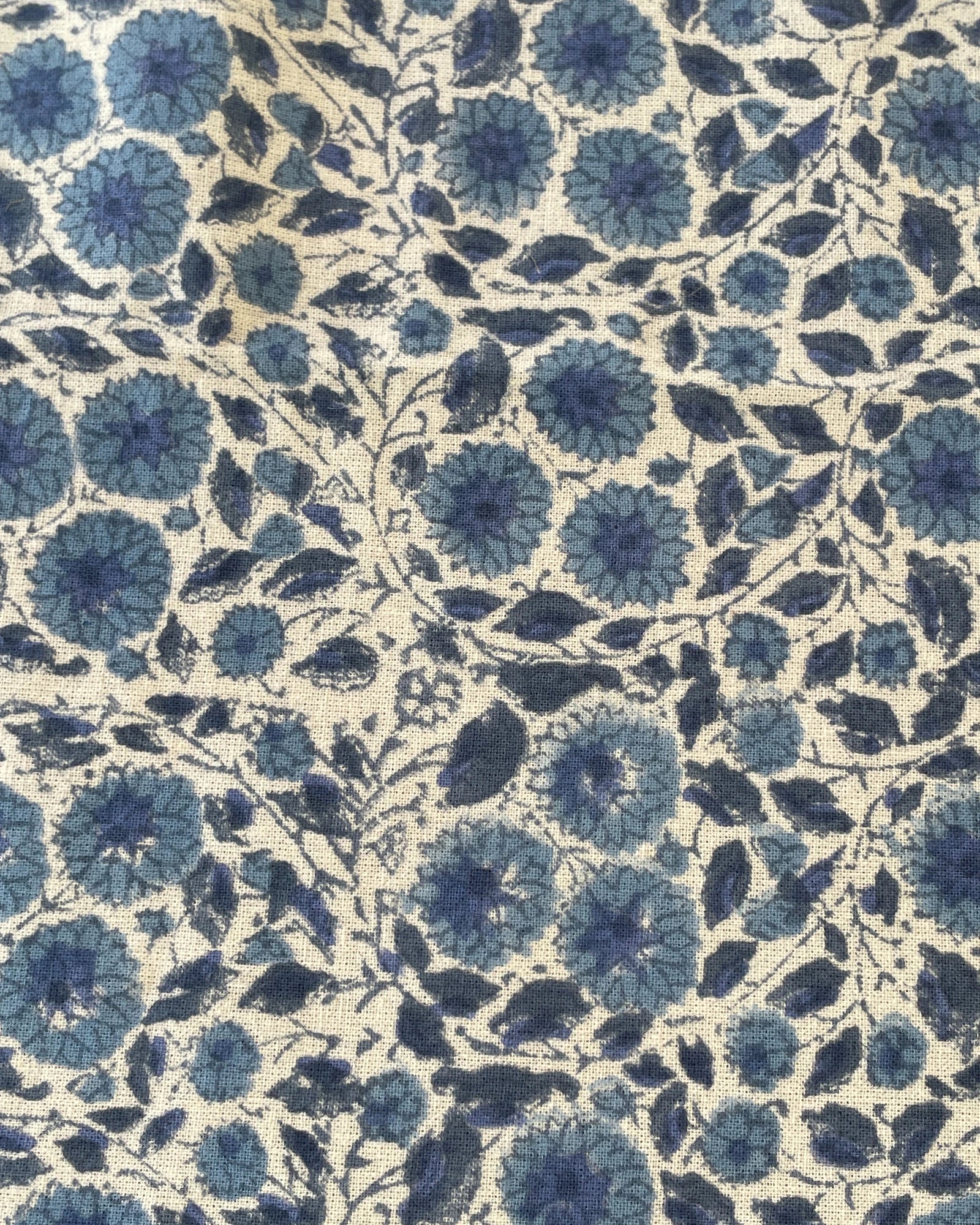 block print cotton tablecloth in blue tones with traditional floral design