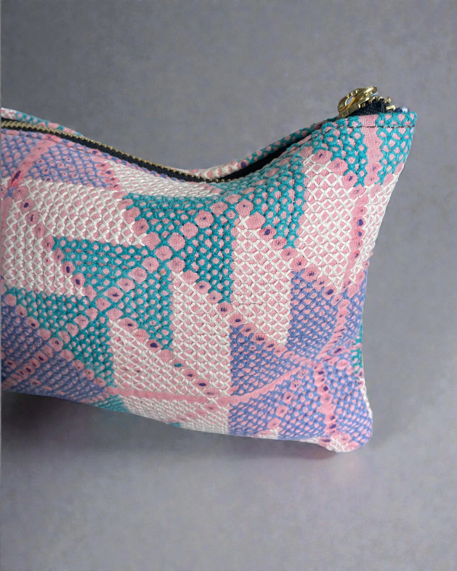 detail of muted kantha reclaimed textile purse