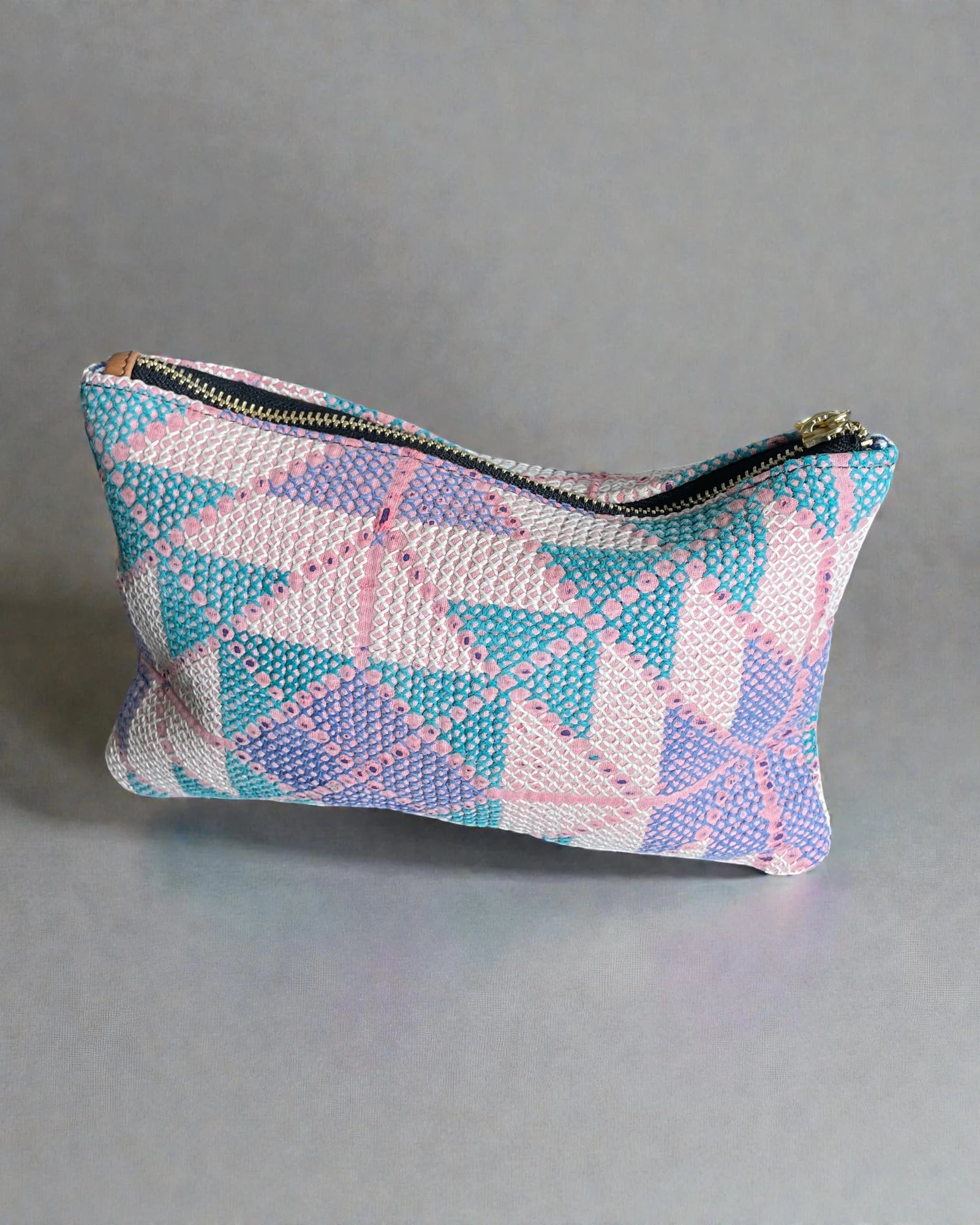 beautiful geometric cross stitched reclaimed kantha purse