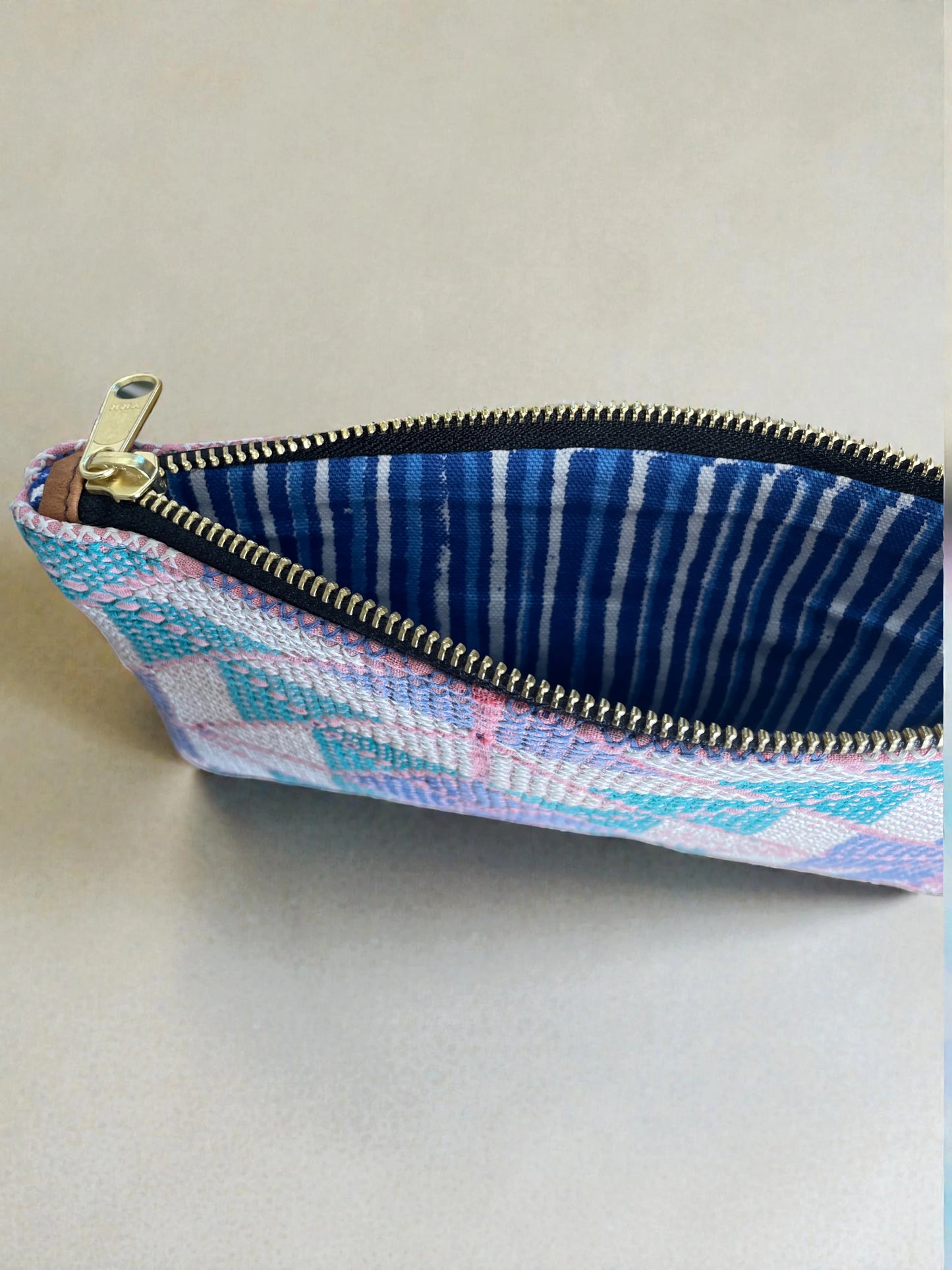blue striped lined kantha purse