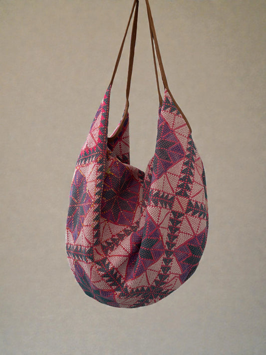 Stunning upcycled kantha cloth bag made into stunning tote with learther / suede straps