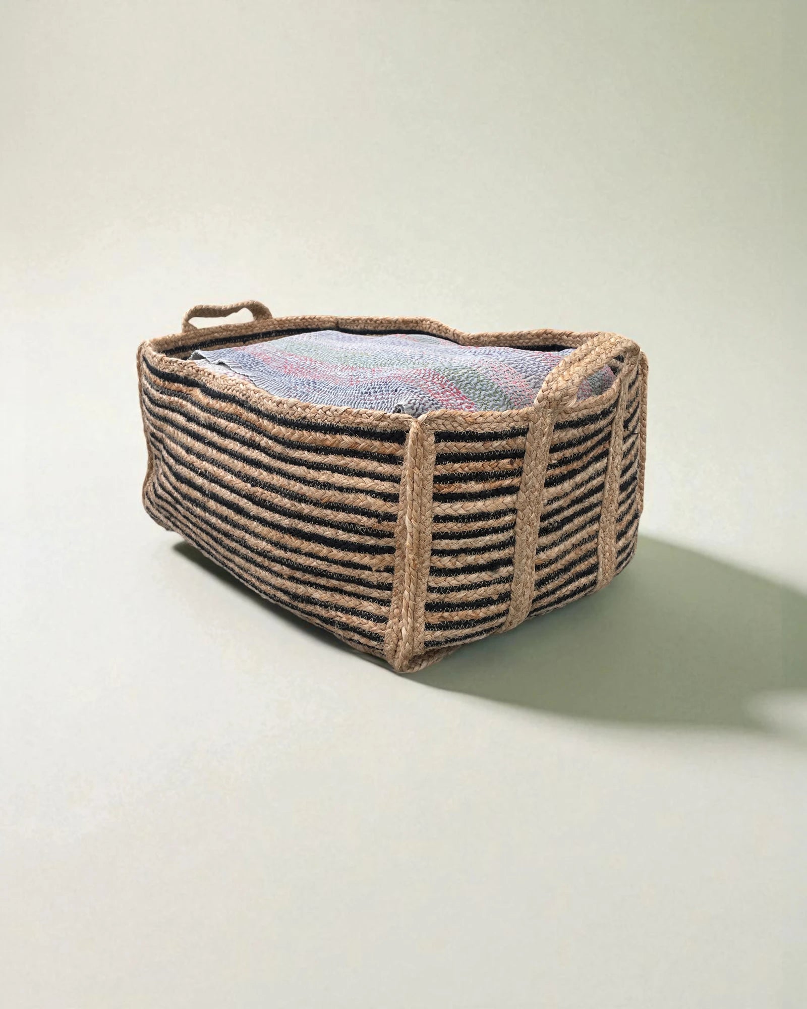 extra large woven storage basket in black and natural striped jute