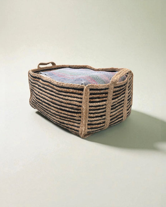 extra large woven storage basket in black and natural striped jute