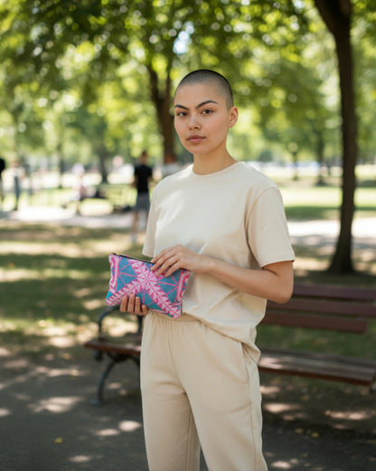 life model holding kantha travel pouch