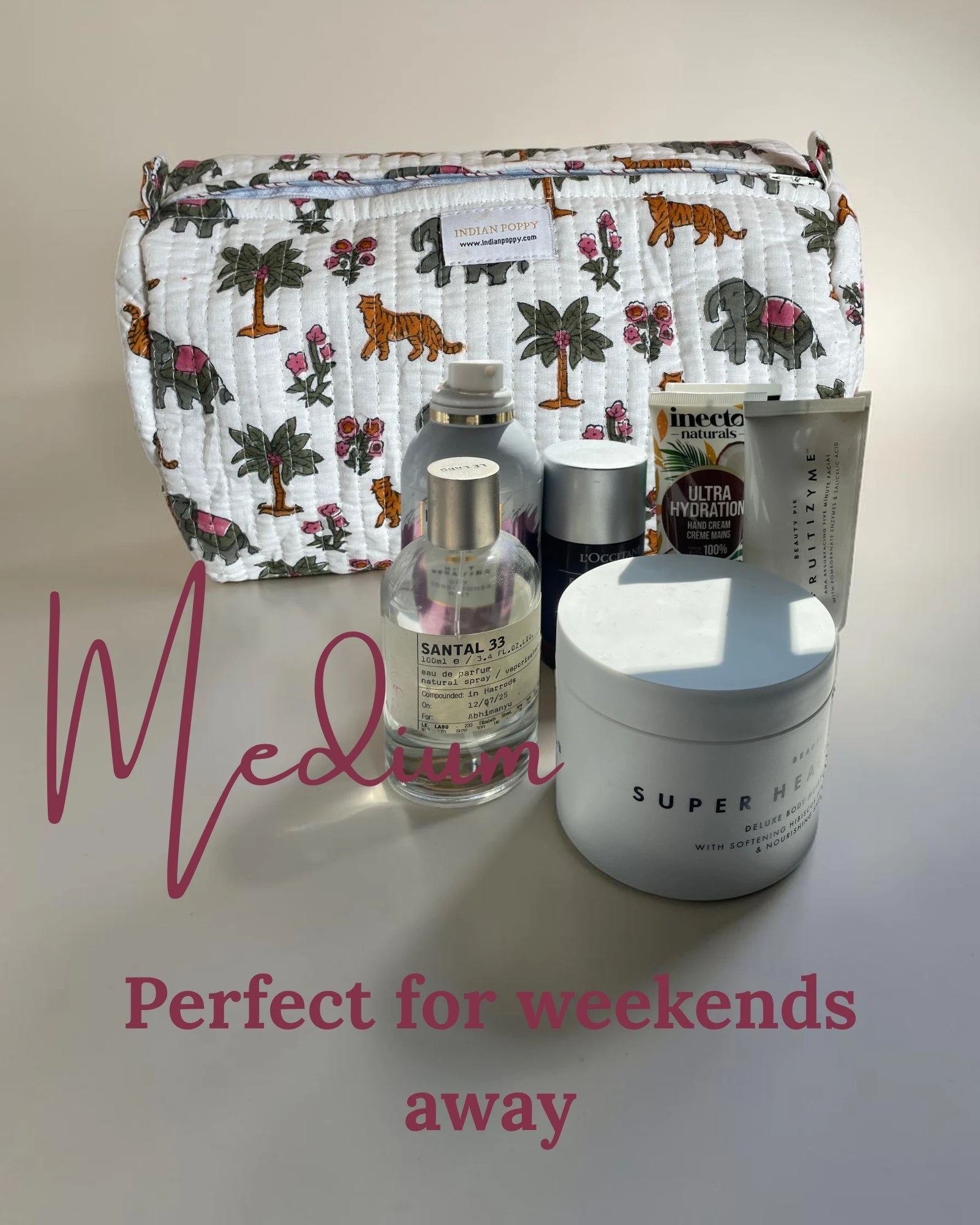 medium wash bag showing storage capacity with overlay text 'perfect for weekends away'