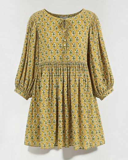Tie neckline with mother of pearl buttons on the Marigold hand block print cotton dress