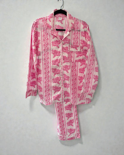 Pink floral cotton pyjama set with striped border, long sleeve button shirt and matching trousers