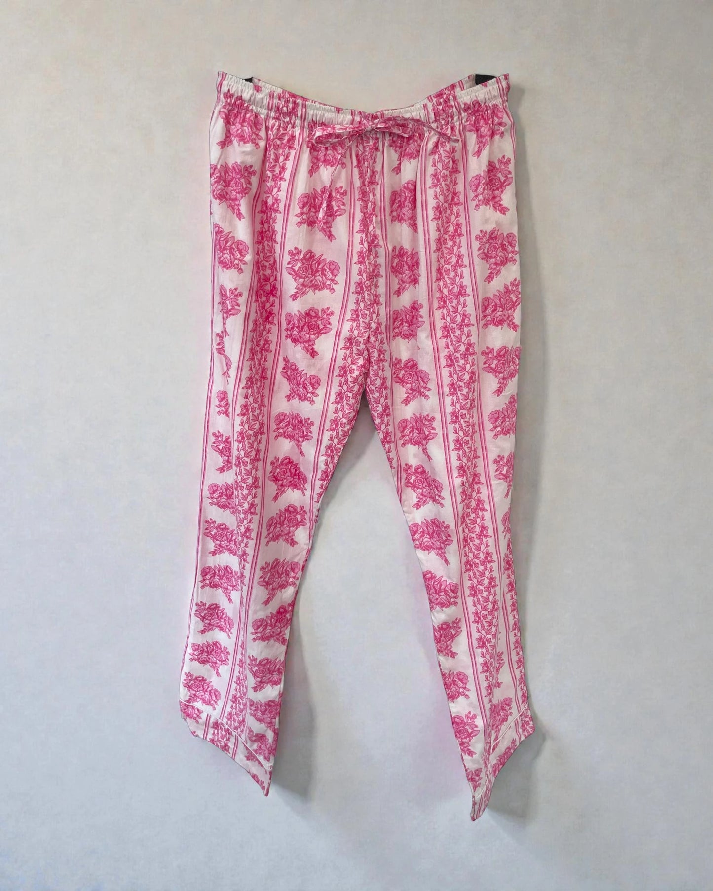 Pink floral cotton pyjama trousers with striped border and soft breathable fabric