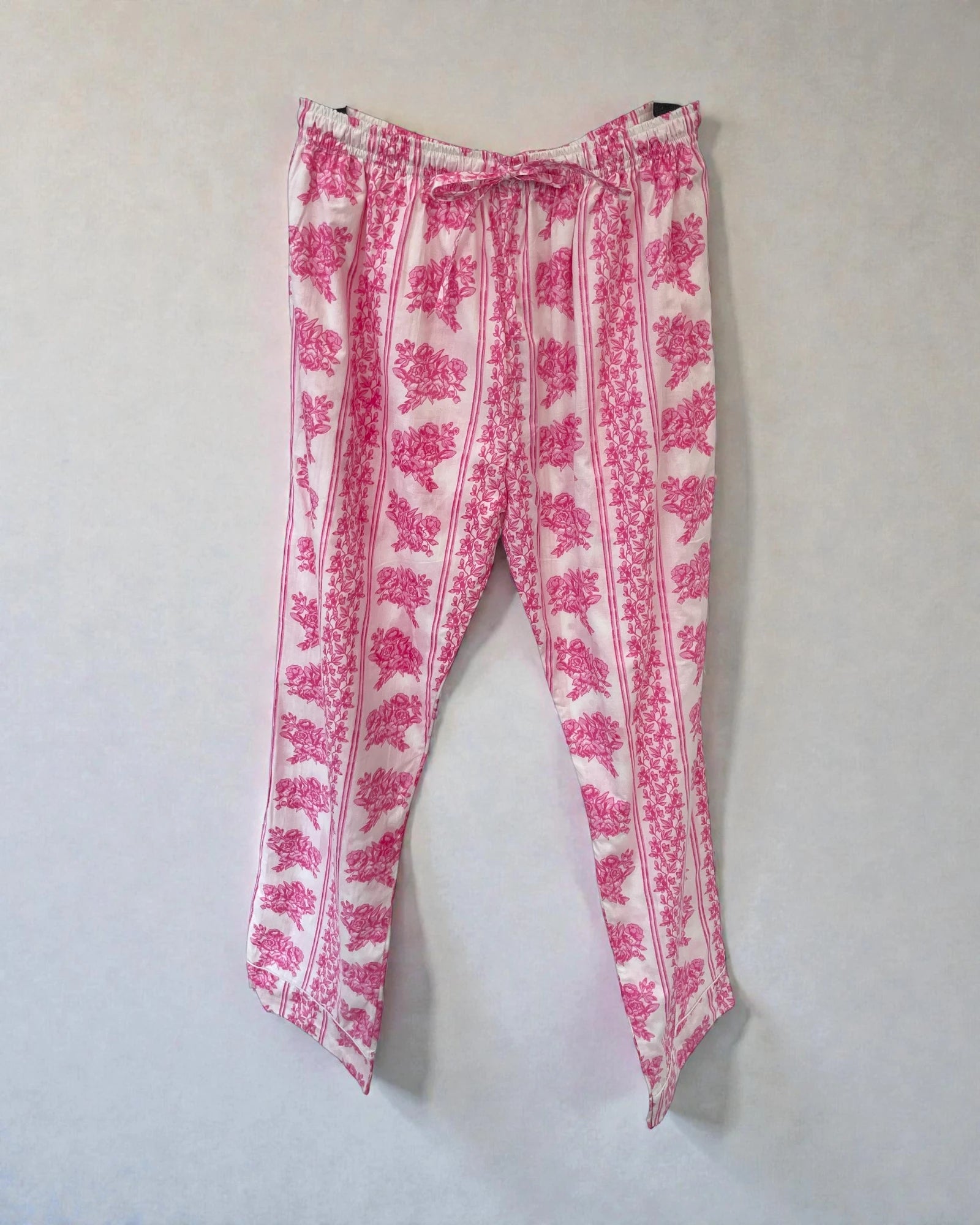 Pink floral cotton pyjama trousers with striped border and soft breathable fabric