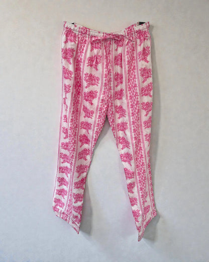 Pink floral cotton pyjama trousers with striped border and soft breathable fabric