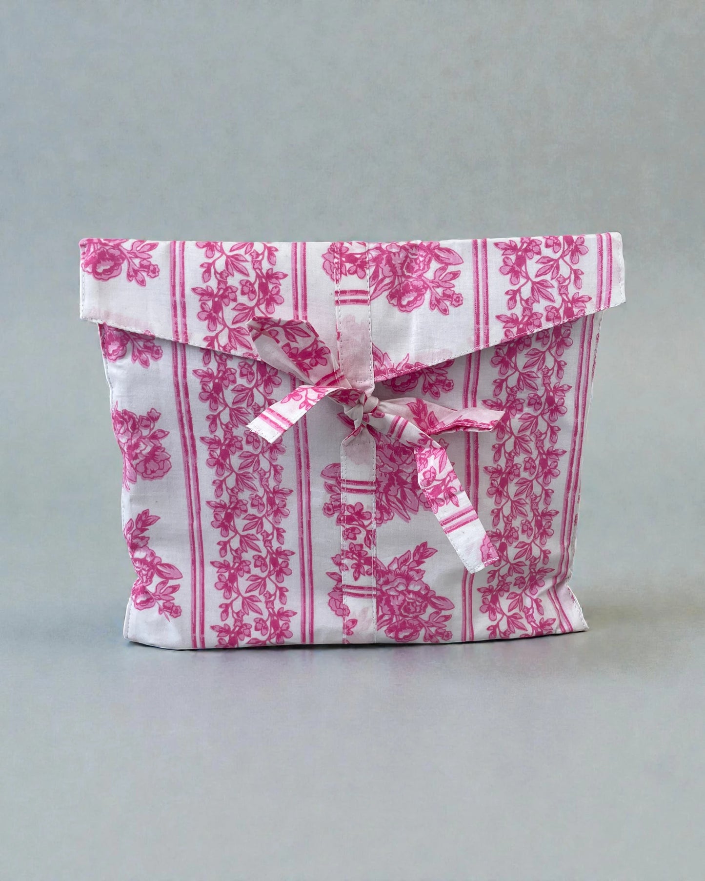 Pink floral cotton pyjama set with striped border, ideal gift for women with matching bag