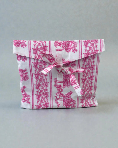 Pink floral cotton pyjama set with striped border, ideal gift for women with matching bag