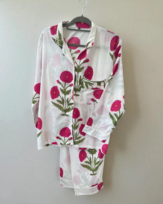 Set of classic pink poppy pyjama shirt and drawstring trousers