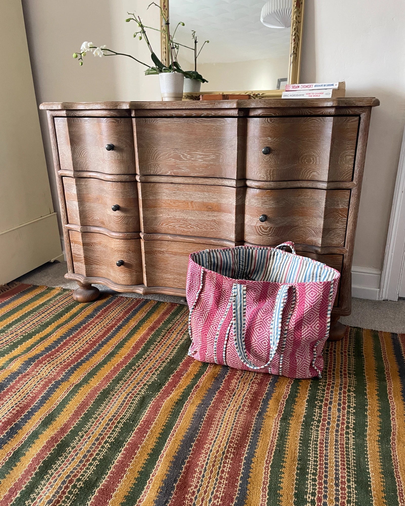 Large pink quilted cotton shoulder tote bag shown styled indoors for everyday use