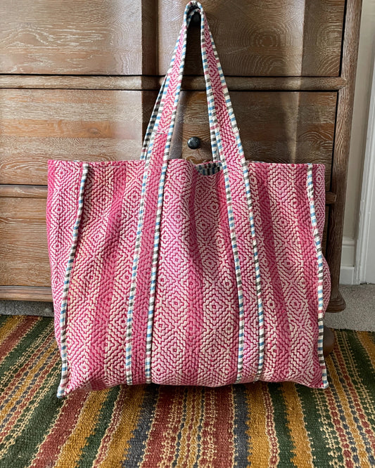 Large capacity pink quilted cotton tote bag suitable for shopping, travel or everyday use