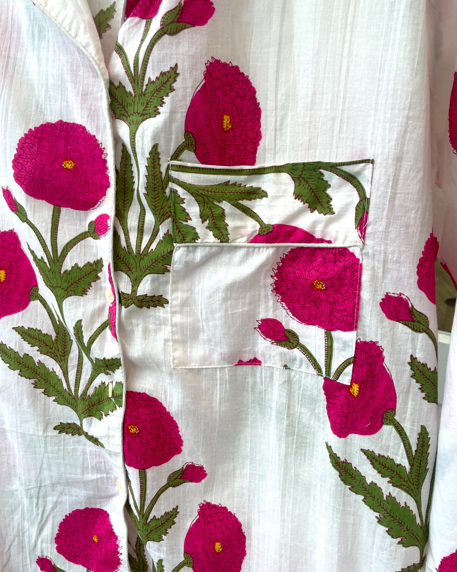 white piped shirt pocket detail in pretty pure cotton pyjamas 