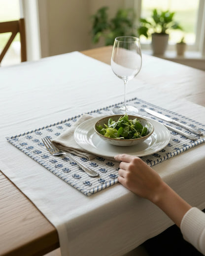 Artisan made quilted cotton placemats with blue floral print and co-ordinating border.