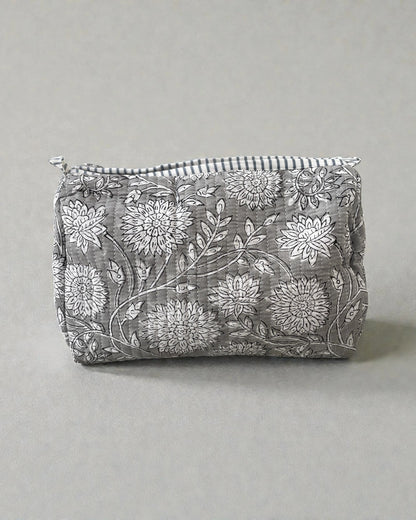 Grey floral cotton wash bags with waterproof lining in coordinated set of three