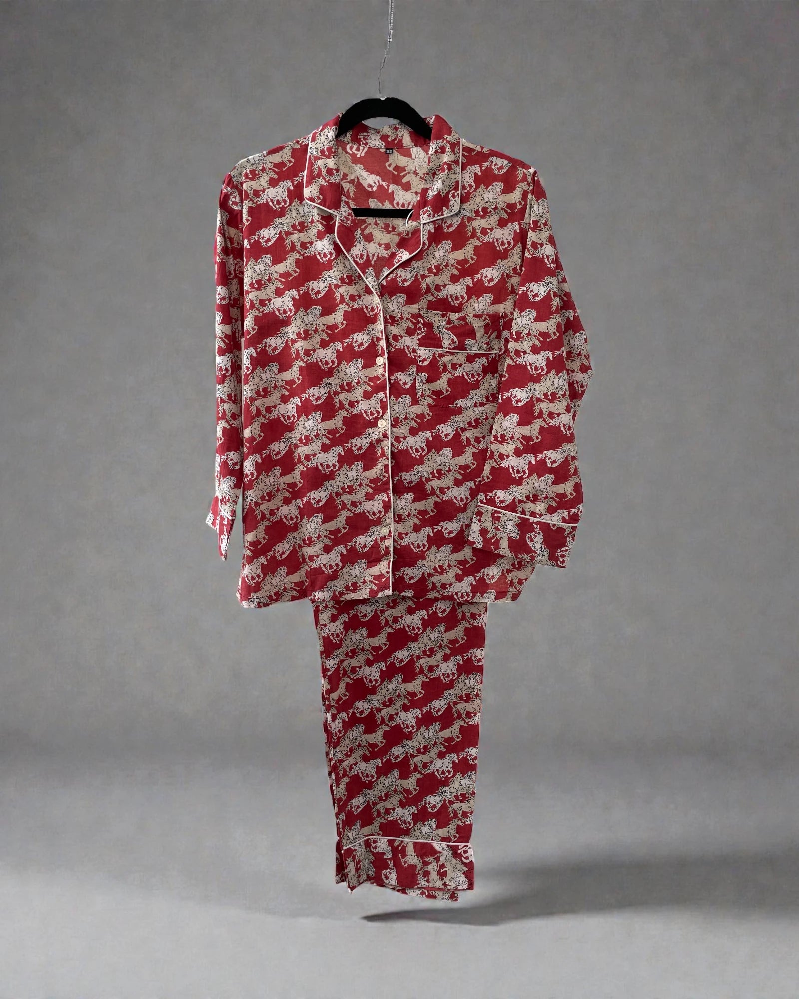 Tailored shirt and long trouser pyjama set for christmas gift for horse lover