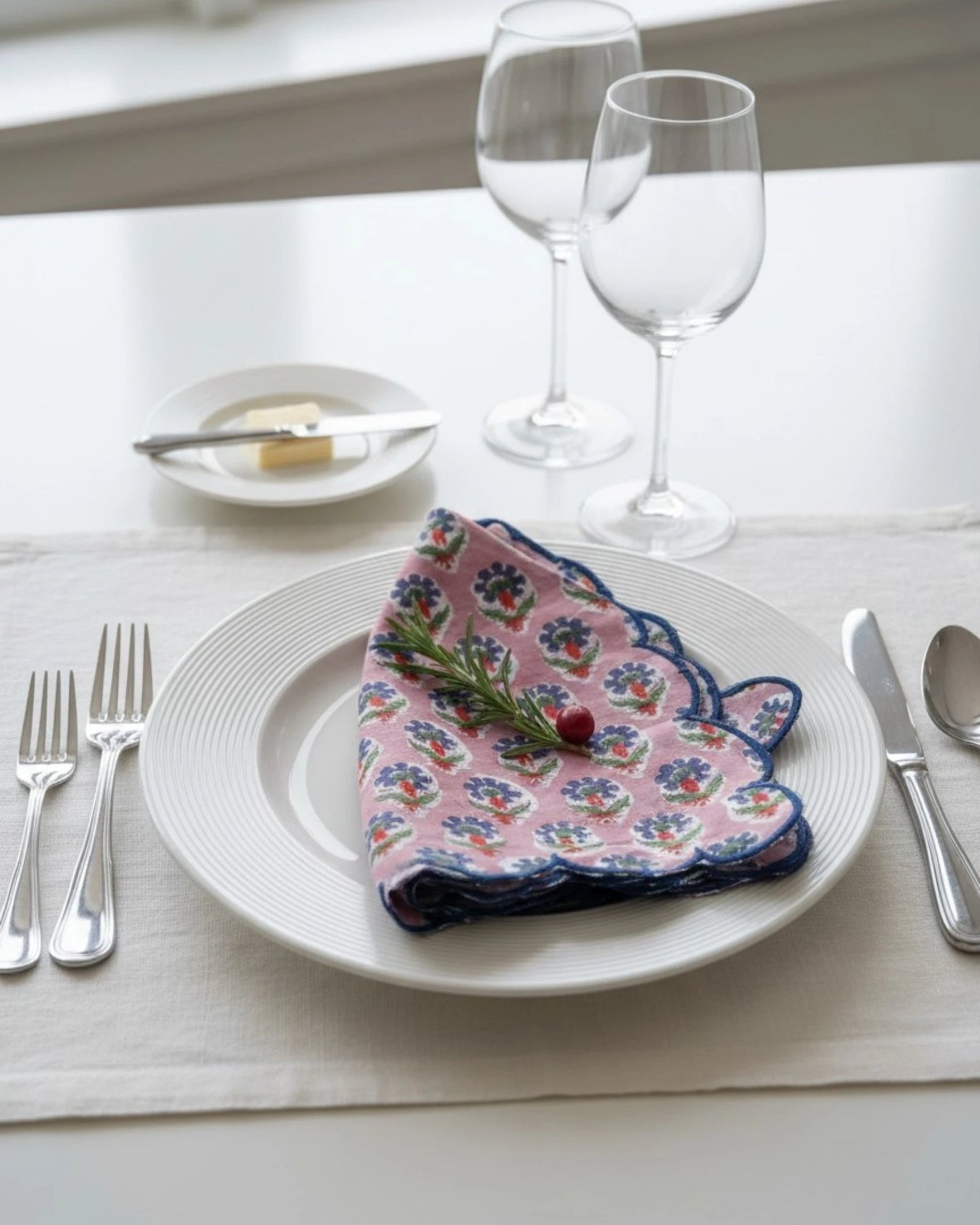 Pink and Blue Floral Scalloped Napkins - Set of Six