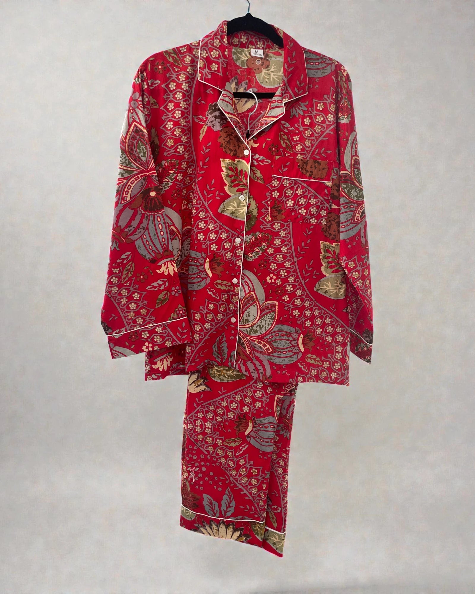 Women’s scarlet red floral cotton pyjama set with long sleeve shirt and matching trousers