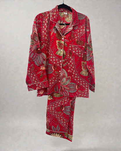 Women’s scarlet red floral cotton pyjama set with long sleeve shirt and matching trousers