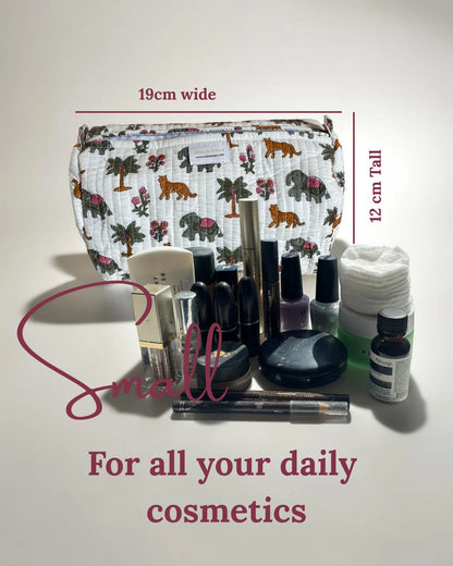 small size quilted cosmetics bag for cosmetics, make up and beauty. Useful for the bathroom vanity, travel or fday to day handbag use