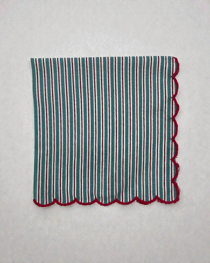 Cotton table napkin with teal stripes and scalloped red border
