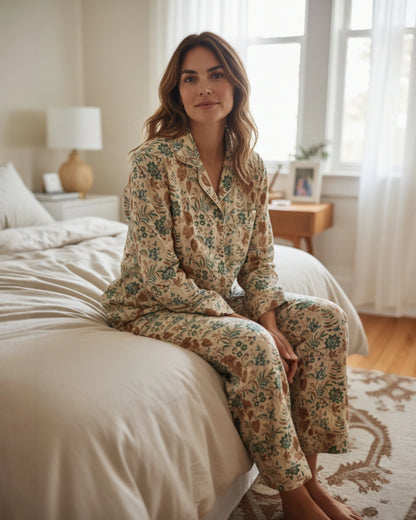 Women’s large botanical pyjamas with floral print worn in a cozy bedroom setting